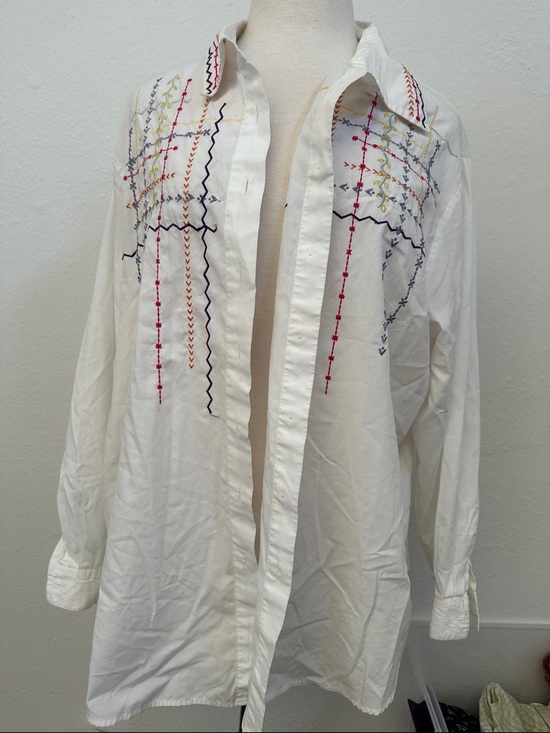 Napa Valley Tops - White Embroidered Button-Down Shirt with Southwestern Multicolor Stitch Detail